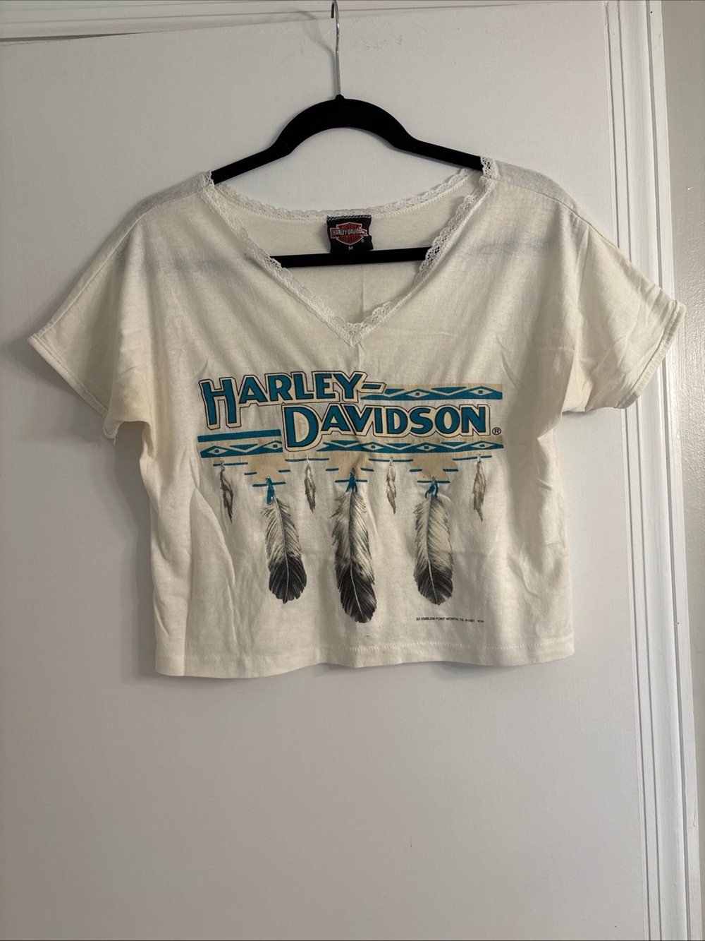 Vintage 1991 Harley-Davidson Women's M Graphic V-Neck Crop Top 3D Emblem